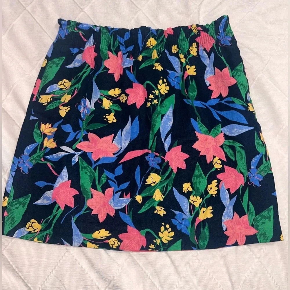 J Crew Factory Blue Floral Linen Mini Skirt Pockets Tropical Summer Preppy 10